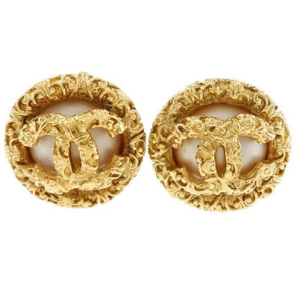 CHANEL Gold Pearl Logo Earrings - Picture 1 of 11